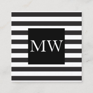Modern Black White Stripes Monogram Square Business Card