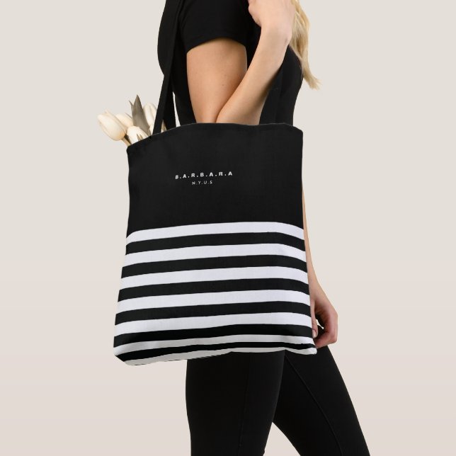 Modern Black White Stripes Monogram Summer Tote Bag (Close Up)