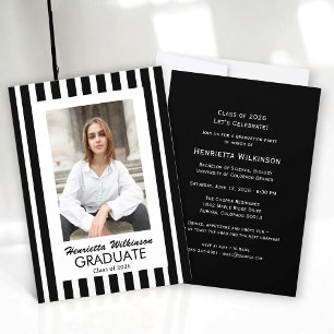 Modern Black White Stripes Photo Graduation Invitation