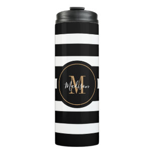 Modern Black White Stripes Script Monogram Name Thermal Tumbler