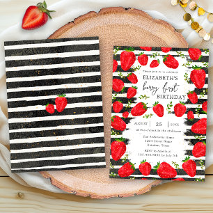 Modern Black White Stripes Strawberry 1st Birthday Invitation