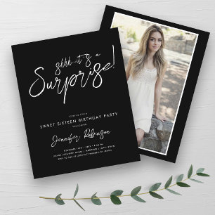 Modern Black White Surprise Sweet 16 Invites 