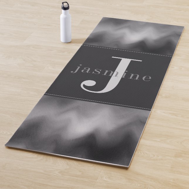 Modern Black White Swirl Monogram Yoga Mat (In Situ)