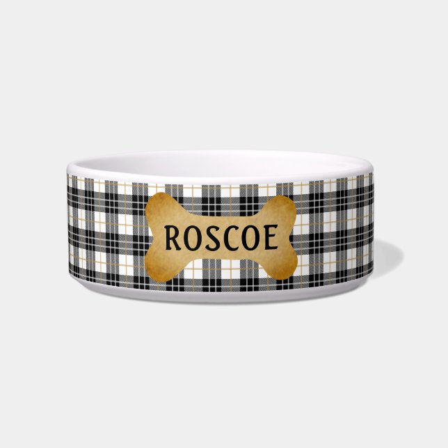 Modern Black White Tan Plaid Dog Bone Name Bowl (Front)