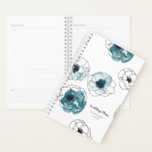 Modern Black White Teal Anemone Flower Pattern Planner