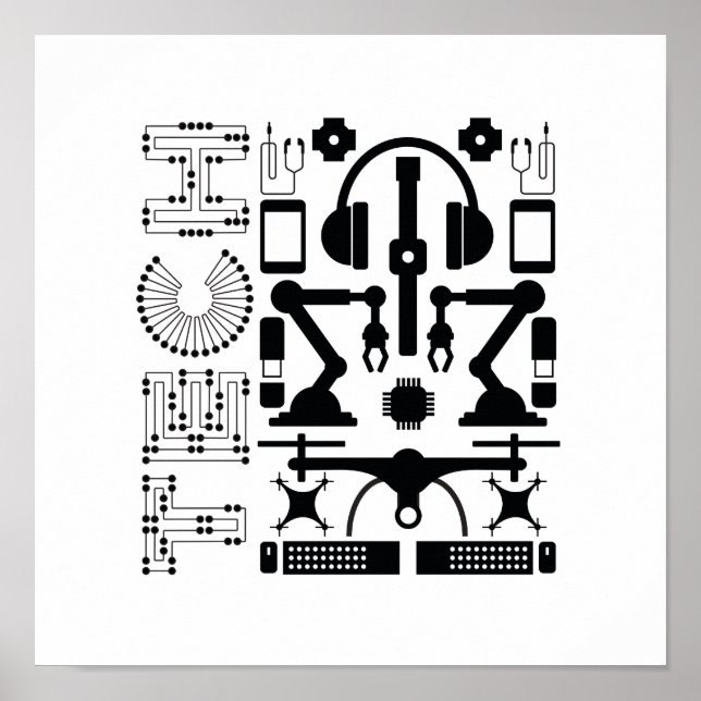 Modern Black & White Technology Objects Pattern Poster (Front)