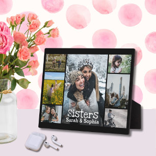 Modern Black White Text Sisters Photo Collage Plaque