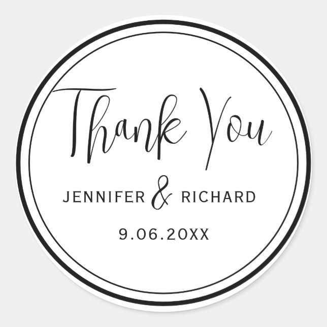 Modern Black & White Thank You Wedding Favour Classic Round Sticker (Front)