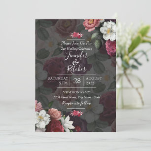 Modern Black & White Theme with Burgundy Flowers  Invitation