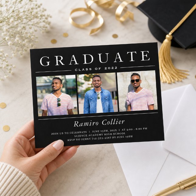Modern Black White Three Photo Graduation (Creator Uploaded)