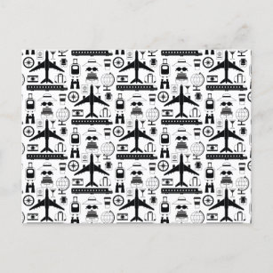 Modern Black & White Travel Objects Pattern Postcard