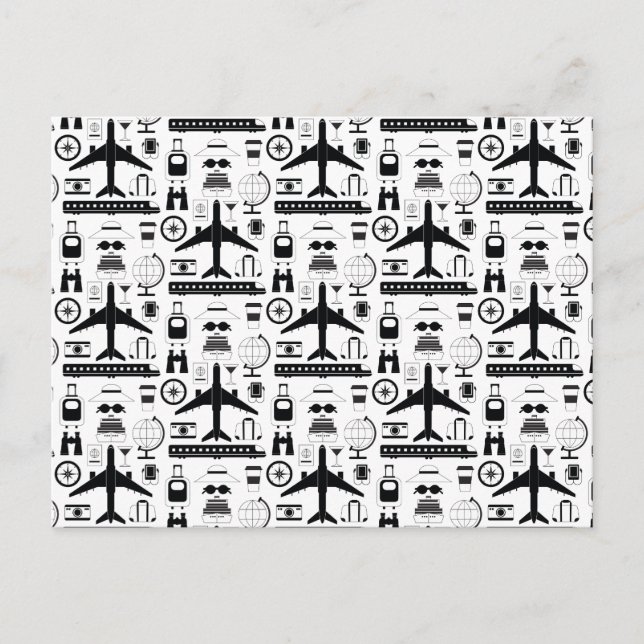 Modern Black & White Travel Objects Pattern Postcard (Front)