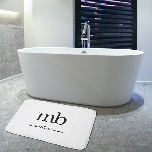 Modern Black White Trendy Script Initial Monogram Bath Mat (Modern Black White Trendy Script Initial Monogram Bath Mat)