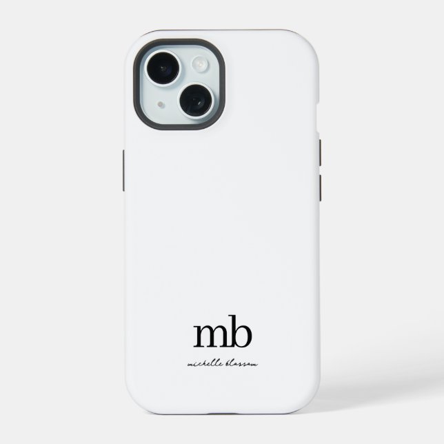 Modern Black White Trendy Script Initial Monogram iPhone 15 Case (Back)