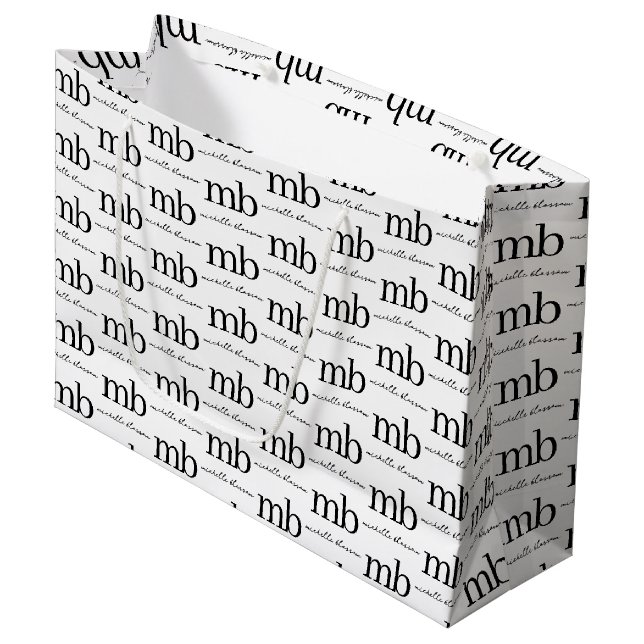 Modern Black White Trendy Script Initial Monogram Large Gift Bag (Front Angled)