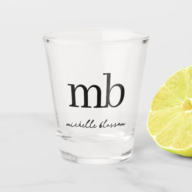 Modern Black White Trendy Script Initial Monogram Shot Glass (Front)