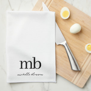 Modern Black White Trendy Script Initial Monogram Tea Towel