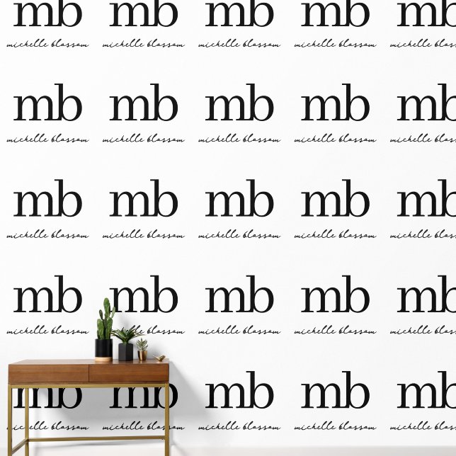 Modern Black White Trendy Script Initial Monogram Wallpaper (Hallway)