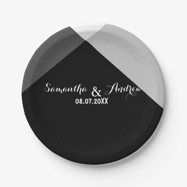 Modern black white triangles colour block wedding paper plate (Front)