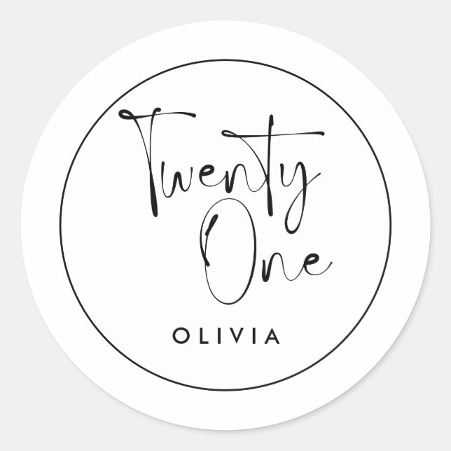 Modern black white typography 21 photo birthday classic round sticker (Front)