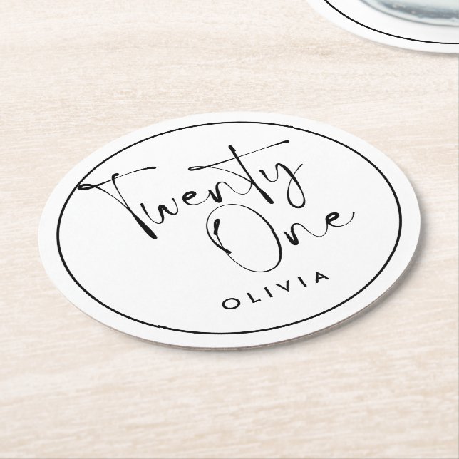 Modern black white typography 21 photo birthday round paper coaster (Angled)