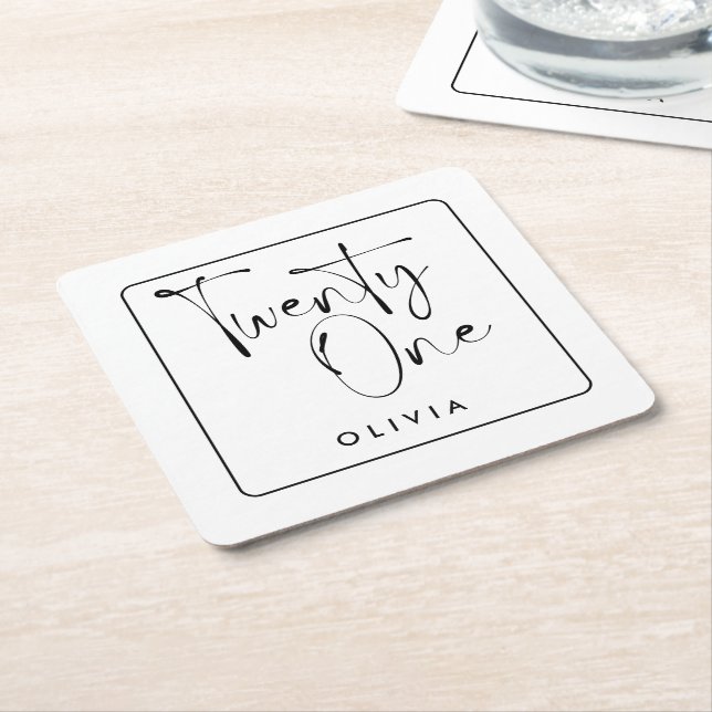 Modern black white typography 21 photo birthday square paper coaster (Angled)