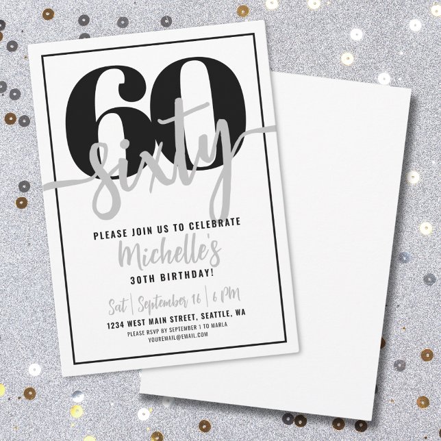 Modern Black White Typography 60th Birthday Party Invitation (Modern Black White Typography 60th Birthday Party Invitation)