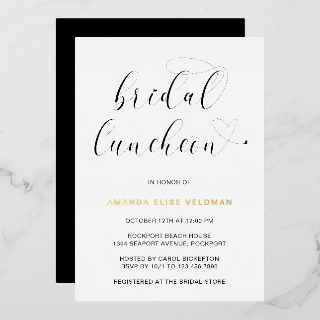 Modern Black White Typography Bridal Luncheon Gold (Front/Back)