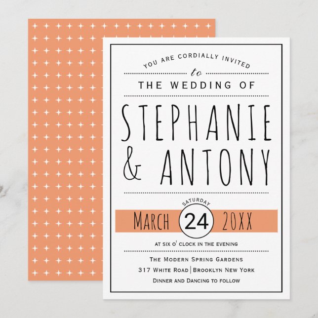 Modern black, white typography coral peach wedding invitation (Front/Back)