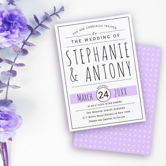 Modern black, white typography lavender wedding invitation (Creator Uploaded)