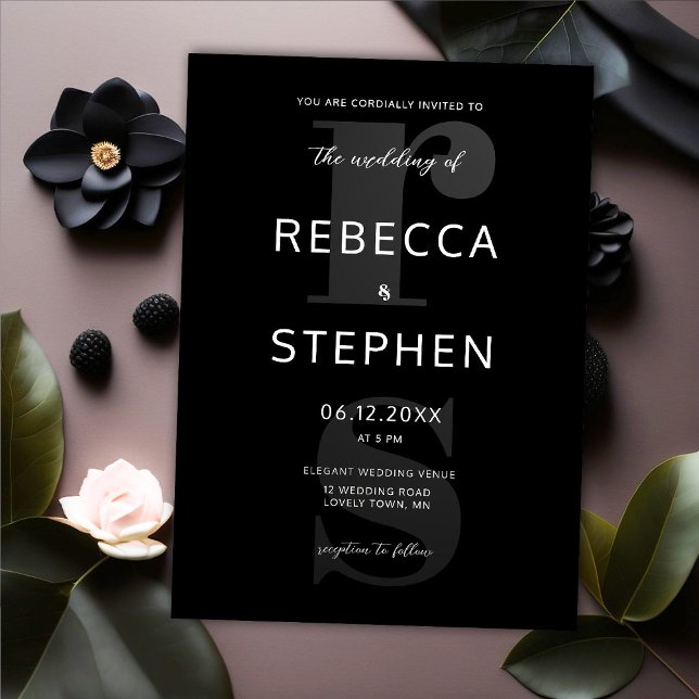 Modern Black White Typography Monograms Wedding Invitation (Creator Uploaded)