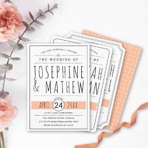 Modern black, white typography peach wedding invitation