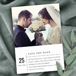 MODERN BLACK WHITE TYPOGRAPHY PHOTO SAVE THE DATE ANNOUNCEMENT POSTCARD