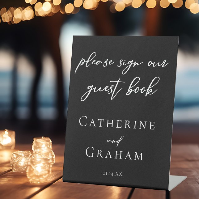 Modern Black White Typography Wedding Guest Book Pedestal Sign (Creator Uploaded)