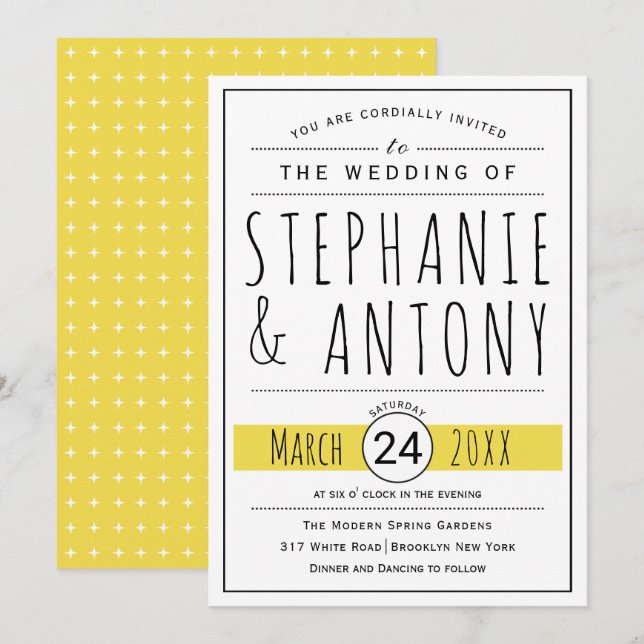 Modern black, white typography yellow wedding invitation (Front/Back)