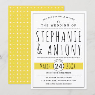 Modern black, white typography yellow wedding invitation