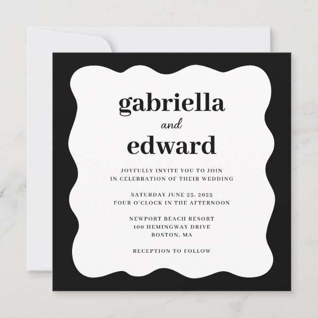Modern Black White Wavy Border Wedding Invitation (Front)