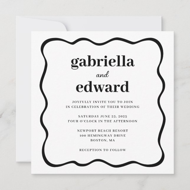 Modern Black White Wavy Border Wedding Invitation (Front)