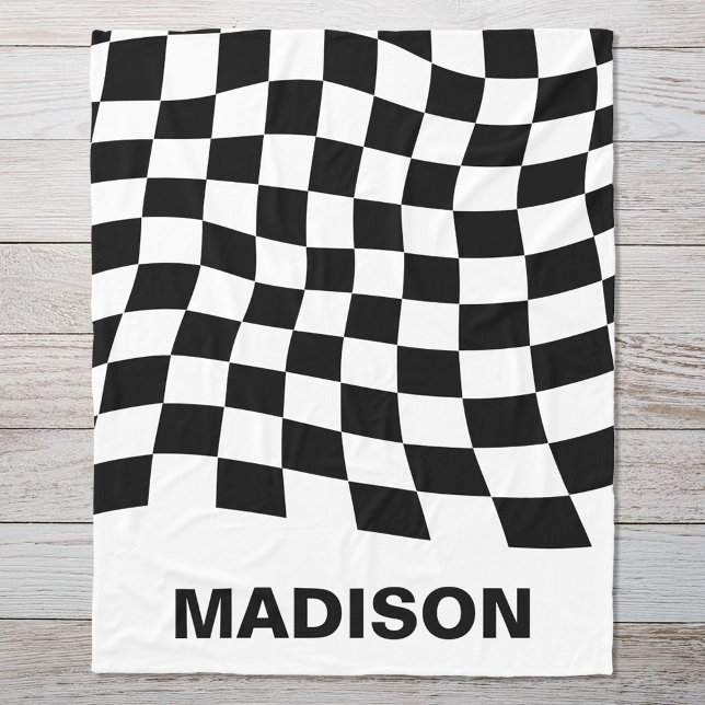 Modern Black White Wavy Chequered Pattern Monogram Fleece Blanket (Creator Uploaded)