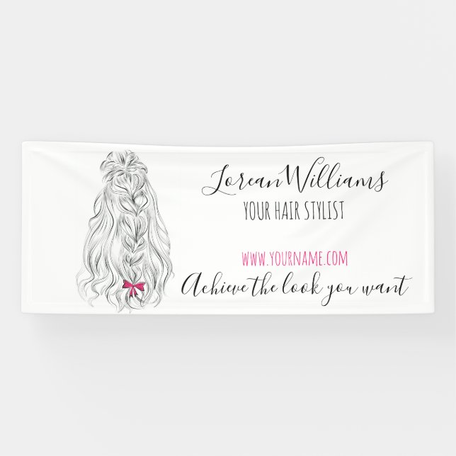 Modern Black White Wavy Hair Pink Bow Hairstyling  Banner (Horizontal)