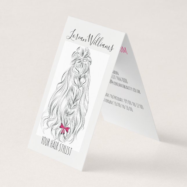 Modern Black White Wavy Hair Pink Bow Hairstyling  Business Card (Front)