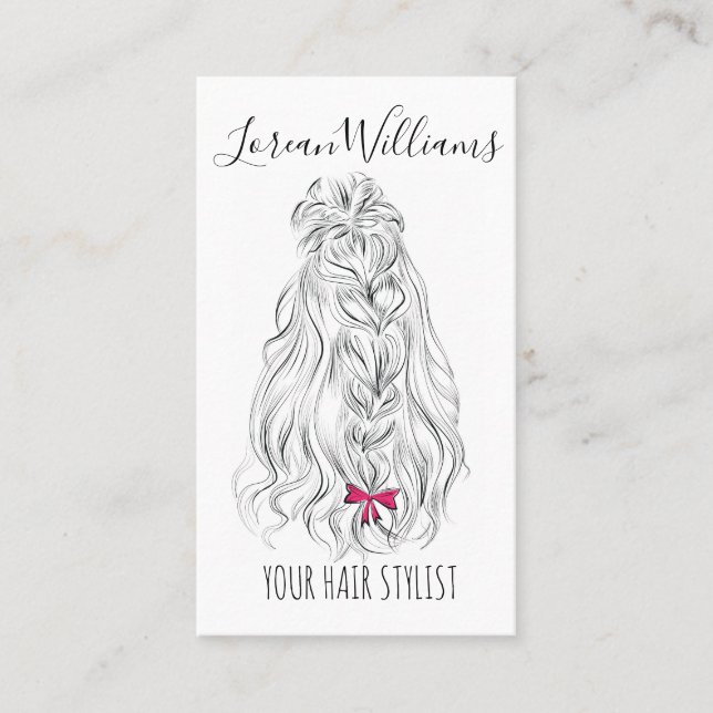 Modern Black White Wavy Hair Pink Bow Hairstyling  Business Card (Front)