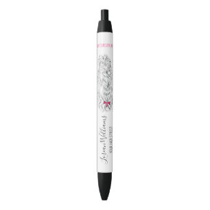 Modern Black White Wavy Hair Pink Bow Hairstyling  Ink Pen