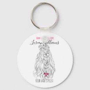 Modern Black White Wavy Hair Pink Bow Hairstyling  Key Ring