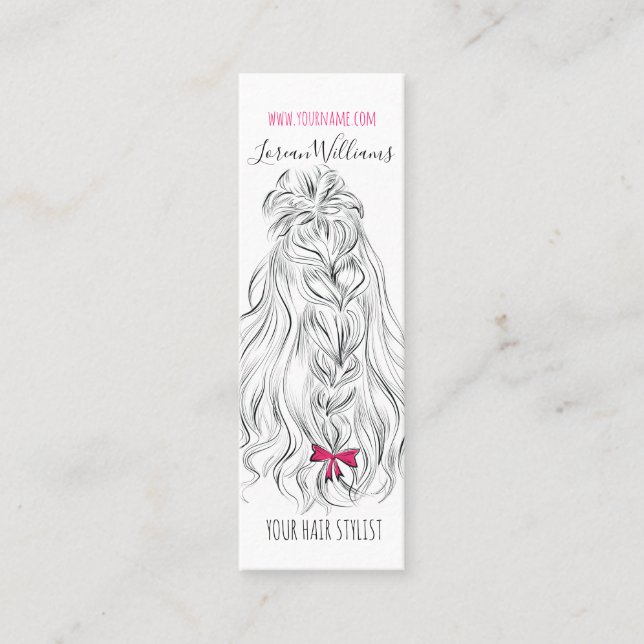 Modern Black White Wavy Hair Pink Bow Hairstyling  Mini Business Card (Front)