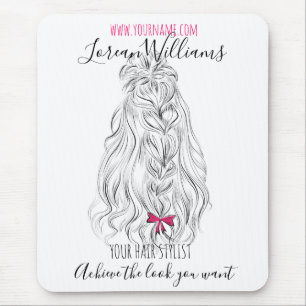 Modern Black White Wavy Hair Pink Bow Hairstyling  Mouse Mat