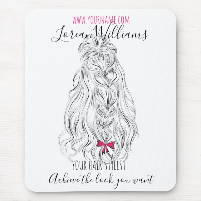 Modern Black White Wavy Hair Pink Bow Hairstyling  Mouse Mat (Front)