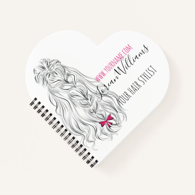 Modern Black White Wavy Hair Pink Bow Hairstyling  Notebook (Front)