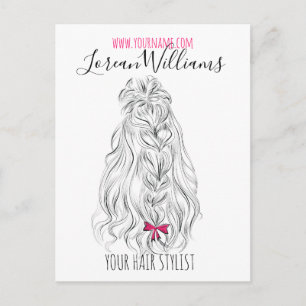 Modern Black White Wavy Hair Pink Bow Hairstyling  Postcard
