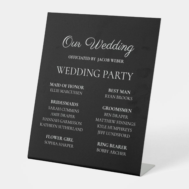 Modern Black White Wedding Bridal Party Pedestal Sign (Front)